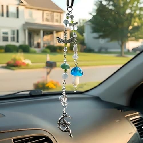 Mushroom Car Accessories for Women Cute Mushroom Car Hanging Ornament Boho Rear View Mirror Accessories Interior Car Decor Bag Charms Gifts for Women Girls (Blue)