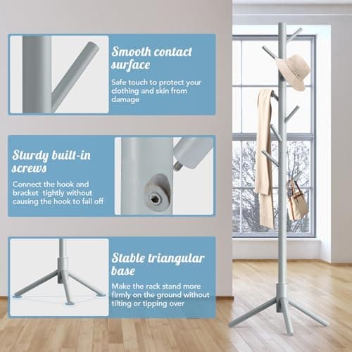 OUTGAVA Wooden Coat Rack Freestanding with 8 Hooks,Easy Assembly New Zealand Pine Tree Coat Racks, 3 Adjustable Sizes for Clothes, Hats, Bags, for Entryway, Hallway, Bedroom, Office (Grey, 1 PC) - Thumbnail 5