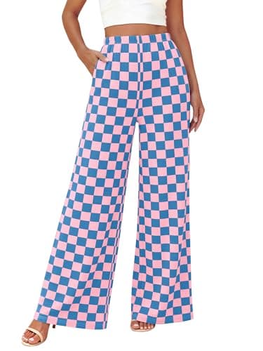 BTFBM Womens Checkered Palazzo Pants Wide Leg High Waisted Pockets Gingham Casual Lounge Pajama Trousers Summer Outfits(Plaid Blue Pink,Medium) - Image 1