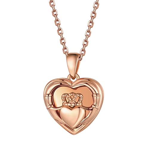 Bestyle Silver Rose Gold Heart Locket Necklace for Women Cute Irish Claddagh Lockets Love Message Photo Pendant Dainty Memorial Custom Locket Jewelry Gift, 18"+2" Chain - Image 1