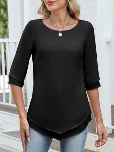 ANRABESS Womens 3/4 Sleeve Blouses Dressy Casual Double Layers Shirts Flowy Tunic Top 2026 Spring Beach Vacation Clothes Black Large - Thumbnail 4