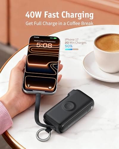 RORRY Flow Portable Charger, 10000mAh 40W Fast Charging Power Bank with Built-in USB C Cable and Foldable Wall Plug, Battery Pack Travel Essentials for iPhone 17/16/15, Apple Watch, iPad, MacBook - Thumbnail 4