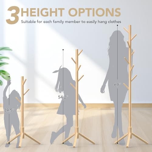 OUTGAVA Wooden Coat Rack Freestanding with 8 Hooks,Easy Assembly New Zealand Pine Tree Coat Racks, 3 Adjustable Sizes for Clothes, Hats, Bags, for Entryway, Hallway, Bedroom, Office (Natural, 1 PC) - Thumbnail 3