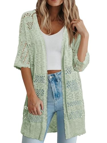 KISSMODA Summer Crochet Cream Cardigan for Women Pale Green Boho Kimonos Short Sleeve Hollow Out Open Front Lightweight Cardigans for Greenhouse Visits XXL - Thumbnail 3