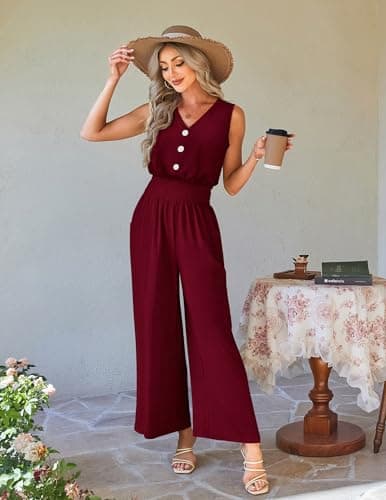 LOOKBOHO Summer Jumpsuits Women Casual Sleeveless V Neck Stretchy Lightweight Romper Wide Leg Pant Outfit 2026(WR,M) - Thumbnail 4
