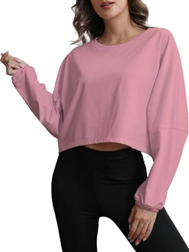 MATEAM Womens Cropped Sweatshirt Loose Fit Workout Tops - Crewneck Pullover Long Sleeve Casual Fashion Sweaters for Yoga Gym Fitness Pink XL - Image 1
