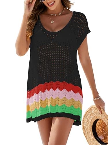 VIAURBE Women's Crochet Cover Ups Swimwear Beach Bikini Swimsuit Cover-ups Striped Side Split Mini Dress Black S - Image 1