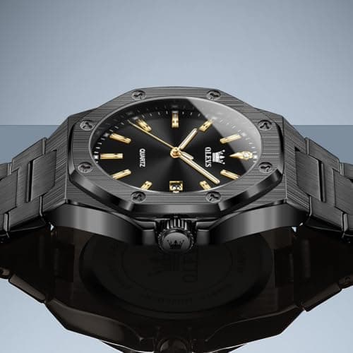 OLEVS Watch Men Luxury All Black Stainless Steel Dress Waterproof Quartz Analog Minimalist Watches for Men Large Face Luminous Date Metal Wrist Octagonal Calendar Mens Watch Relojes para Hombres - Thumbnail 5
