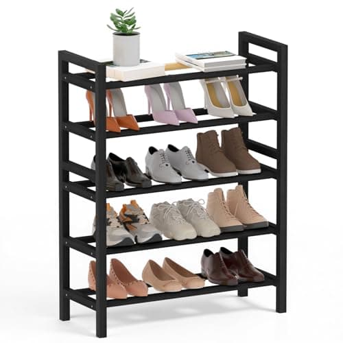 Haddockway Bamboo Shoe Rack for Closet, Free Standing Shoe Organizer with Smooth Round Rods & Convenient Handles, Stackable Shoe Storage Shelf for Entryway, Hallway(Black, 5-Tier(Small)) - Image 1