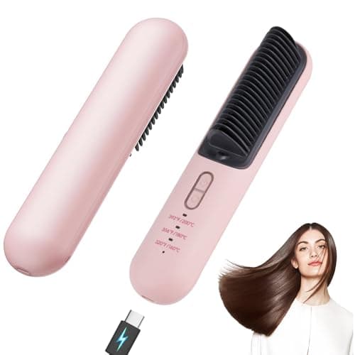 TANSHINE Cordless Hair Straightener Brush for Travel,Portable USB-C Small Hair Straightening Comb for Women,Rechargeable Mini Hot Hair Straightener Brush,Anti-Scald Heated Styling Tools,Pink - Image 1