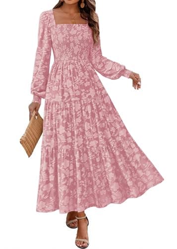 KIRUNDO Wedding Guest Dresses for Women Spring 2026 Long Sleeve Smocked Floral Flowy A Line Boho Maxi Dress Fashion Clothing (Pink, Small) - Image 1
