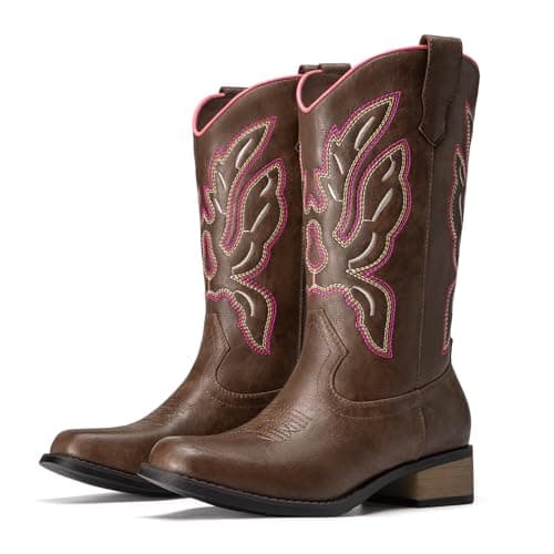 Athlefit Cowboy Cowgirl Boots for WomenMid Calf Square Toe Comfortable Pull On Chunky Low Heel Embroidery Mid Calf Boots Pink Brown Size 7.5,SAMB2605W - Image 1