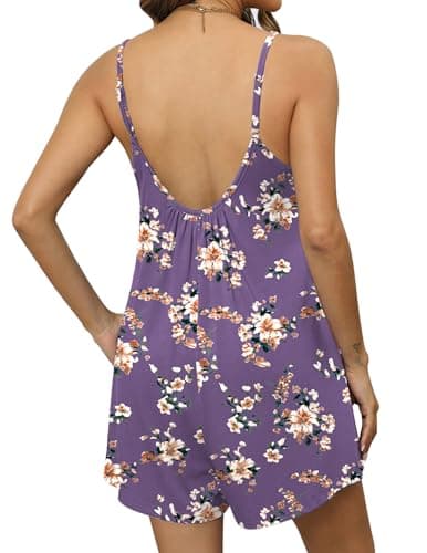 Ekouaer Sleeveless Rompers for Women Summer Casual Spaghetti Strap Shorts Overalls Jumpsuits Beach Outfits With Pockets Purple Floral Small - Thumbnail 3