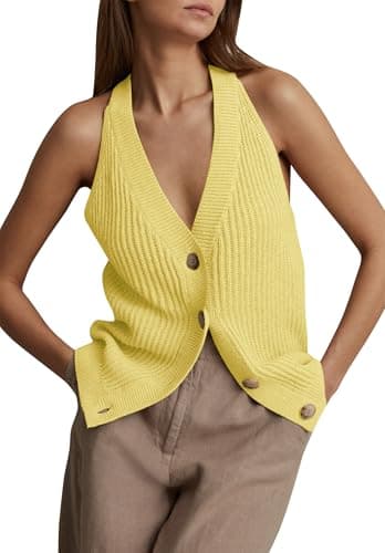 Women Sweater Vest Sleeveless Button Up Knit Vest Tops V Neck Racerback Halter Tank Tops Yellow L - Image 1