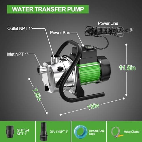 SHANGDA Water Transfer Pump 110V Shallow Well Pump 1.6HP 1800GPH Electric Portable Garden Pressure Booster Pumps for Sprinkler Irrigation Lawn with Adapters, Green - Thumbnail 6