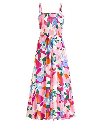 PRETTYGARDEN Womens Summer Dresses 2026 Casual Spaghetti Strap Ruffle Smocked Flowy Floral Spring Maxi Dress with Pocket(Apricot Rose Red Flower,XX-Large) - Image 1