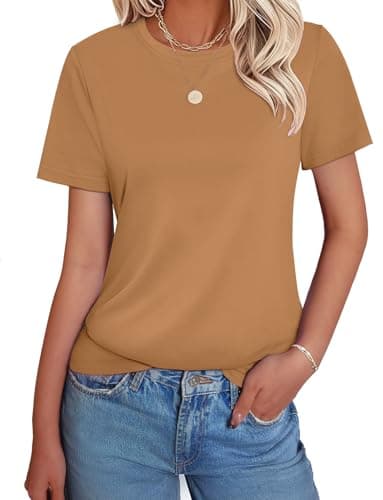 GKBK Cotton Tops for Womens Short Sleeve Crewneck Summer Tops Casual Cute Basic Tee Tshirt Spring Outfits 2026 Trendy Light Brown - Image 1
