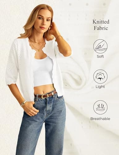 GRACE KARIN White Cardigan Sweaters for Women Summer Lightweight Button Up Cardigans 3/4 Sleeve Cropped Summer Casual Shrugs - Thumbnail 5