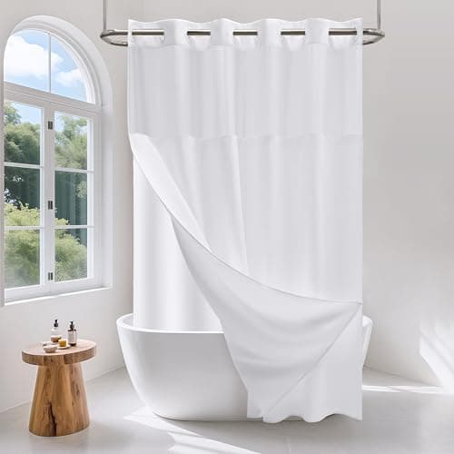PILOTSHARK No Hook Waffle Weave Shower Curtain Set with Snap-in Fabric Liner and Mesh Top Window,256GSM Heavy Duty Fabric,White Washable Luxury Shower Curtain for Bathroom Stalls (72x75 Inch) - Image 1