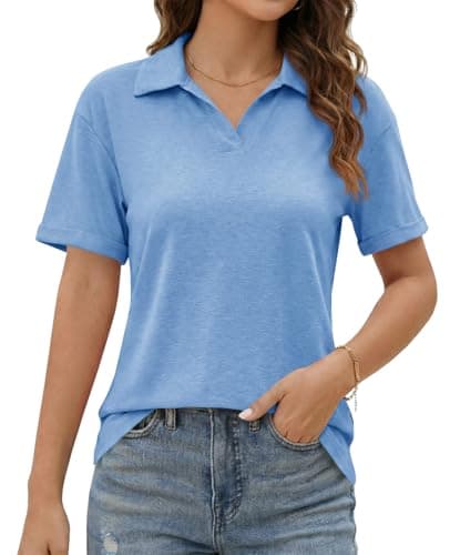 Imily Bela Womens Short Sleeve Polo T Shirts Summer Business Dressy Casual Tops Work Collared V Neck Basic Tees Sky Blue - Image 1