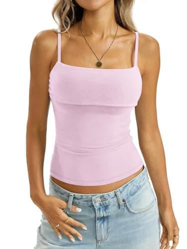 EasyGala Womens Cotton Foldover Tank Tops Sexy Square Neck Spaghetti Strap Cami Basic Summer Low Cut Camisole Fitted Y2K Trendy Going Out Shirts 2026 Baby Pink X-Small - Image 1