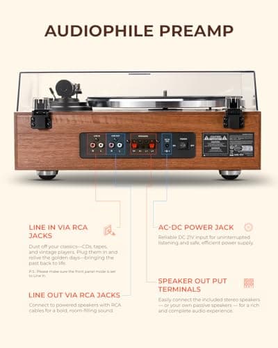 QLEARSOUL HiFire X Vinyl Record Player, Audiophile HiFi Turntables System with 100W Bookshelf Speakers,VU Meter, DSP Preamp, Support 33/45 RPM, RCA LINE in | Out - Thumbnail 6