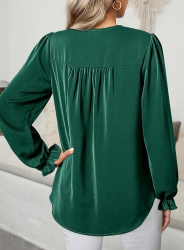 Dokotoo Business Casual Tops for Women Basic Pleated Green Shirts Long Puff Sleeve Blouses Sexy V-Neck Loose Fit T Shirt 2024 Fashion Tee Going Out Tops for Women Medium - Thumbnail 2