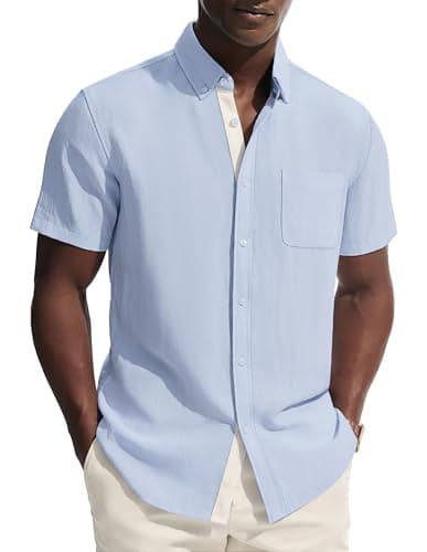 PJ PAUL JONES Mens Button Down Shirt Linen Short Sleeve Dress Shirts for Men Beach Summer Wedding Untucked Shirt Sky Blue - Image 1