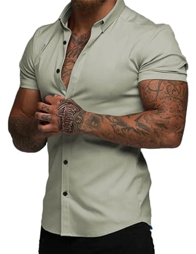 JMIERR Men's Muscle Fit Dress Shirts Casual Stylish Button Up Short Sleeve Wrinkle-Free Business Shirt for Men,2XL,Green - Image 1