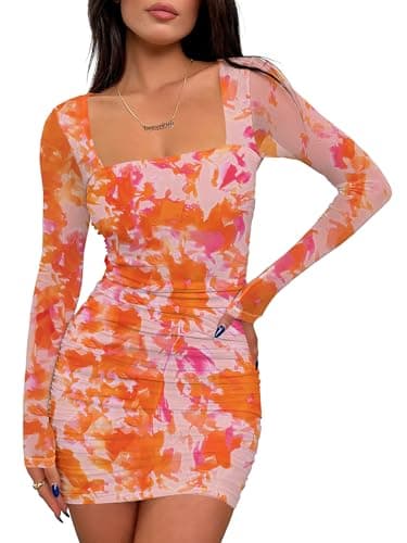 Prinbara Womens Mesh Long Sleeve Square Neck Ruched Mini Dress Sexy Bodycon Elegant Cocktail Evening Club Party Short Dresses Floral Orange Large - Image 1