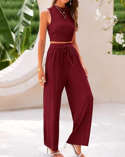 BTFBM Summer Outfits For Women 2026 Cropped Sleeveless Tank Tops Wide Leg Pants 2 Piece Sets Beach Lounge Set Clothing(Wine Red, Medium) - Thumbnail 5