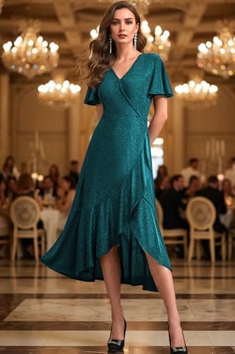 Autumn Flowerwall Women Plus Size Wedding Guest Dress Sparkle Lake Blue XL Lustrous Knit V Neck Flutter Sleeve Cocktail Dress A-Line Plus Size Bridesmaid Dresses for Wedding Guest - Thumbnail 6