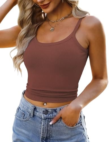 GKBK Women's Tank Tops 2026 Spaghetti Strap Ribbed Knit Scoop Neck Sleeveless Shirts Summer Casual Basic Tanks Brick Red M - Thumbnail 3