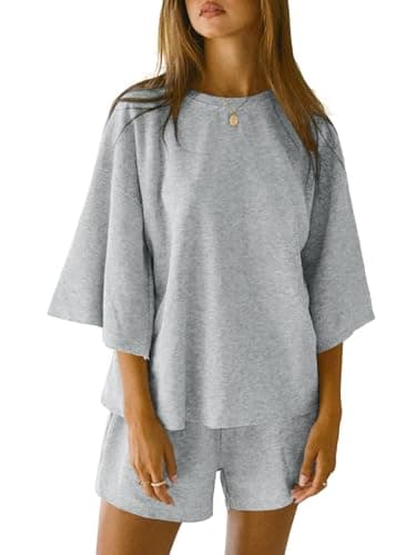 Tankaneo Womens Pajama Sets 3/4 Sleeve Oversized Tops and Elastic Waist Shorts Lounge Sets Loungewear Grey - Image 1