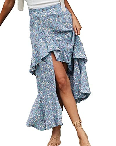 BTFBM Women 2026 Spring Summer Long Skirts Dress Boho Floral Elastic Waist Split Ruffle High Low Beach Maxi Skirt Clothes(Z-Blue, Medium) - Image 1