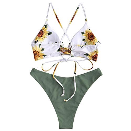 ZAFUL Women's Sexy Triangle Bikini Set Floral Print Spaghetti Strap 2 Piece Swimsuit Crisscross High Cut Bathing Suit Green L - Thumbnail 4