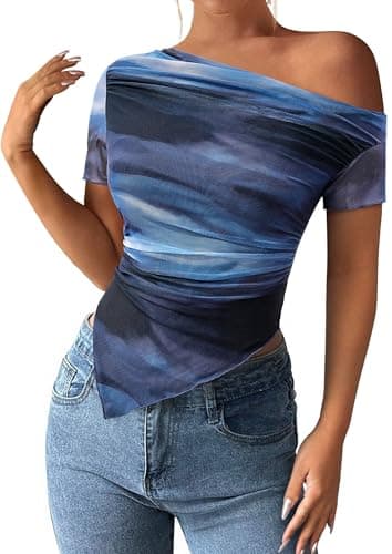 PRETTYGARDEN Womens Summer Off The Shoulder Tops 2026 Spring Short Sleeve Mesh Tie Dye Shirt Ruched Asymmetrical Y2k Clothes (Gradient Blue,X-Large) - Image 1