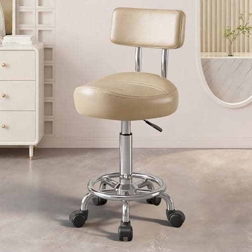 Walktory Vanity Chair with Back Small Armless Office Chair with Wheels and Footrest, PU Leather Adjustable Height Swivel Chair for Bedroom, Home Office Khaki - Image 1