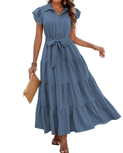 dowerme Women's Summer Casual Dresses 2026 Cap Ruffle Sleeve V Neck Button Belted Tiered Boho Maxi Dress with Pockets(Grey Blue,Medium) - Image 1