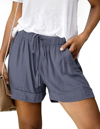 NILOINE Womens Drawstring Shorts Elastic Waist Shorts Casual Summer Beach Cotton Short Pants with Pockets(Gray Blue,Small) - Image 1