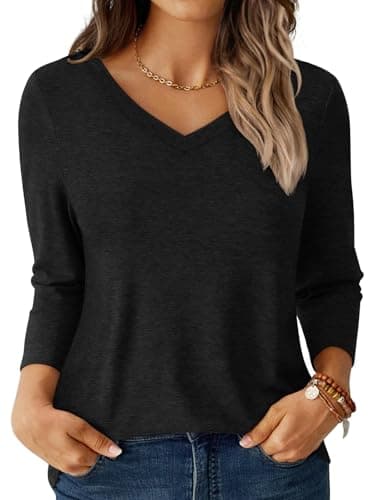 GKBK Womens Tops 3/4 Sleeve Shirts V Neck Casual Blouses Basic Loose Fit Pullover Tshirts Black XXL - Image 1