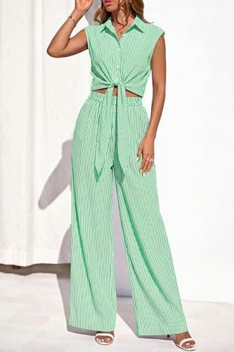 PRETTYGARDEN 2 Piece Sets For Women Summer Striped Button Down Tie Front Crop Tops Wide Leg Pants Floral Lounge Set 2026(Striped Green,Large) - Thumbnail 5