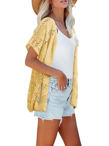 KISSMODA Yellow Short Batwing Sleeve Crochet Cardigan for Ladies Relaxed Fit Loose Boho Summer Farmer’s Market Layering Cardigan S - Thumbnail 5