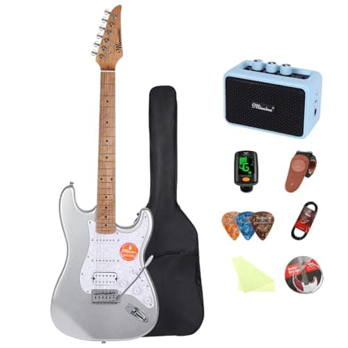 Bullstar Solid Body Electric Guitar Kit -39in Starter Guitar Kit with Metallic finish, Guitar Case, Amplifier Gig Bag, Strings, Strap, Cable, Picks(Silver)