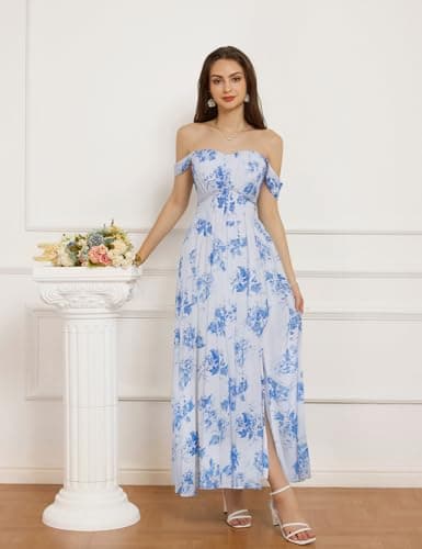 GRACE KARIN Summer White-Blue Floral Dress for Women 2026,Off the Shoulder Smocked Bridesmaid Dresses,Formal Baby Shower Maxi Dresses XXL - Thumbnail 2
