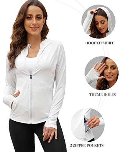We1Fit Women's UPF 50+ Sun Protection Jacket Hooded Zip Up SPF Shirts Long Sleeves White - Thumbnail 4