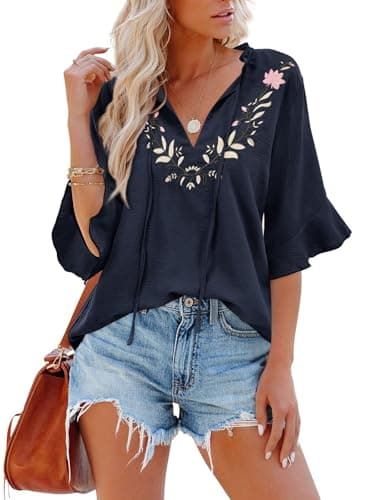 Womens Summer Tops 3 4 Sleeve Women Blouses Casual Boho Top Spring Floral Short Sleeve Shirts Vacation Navy XL - Image 1