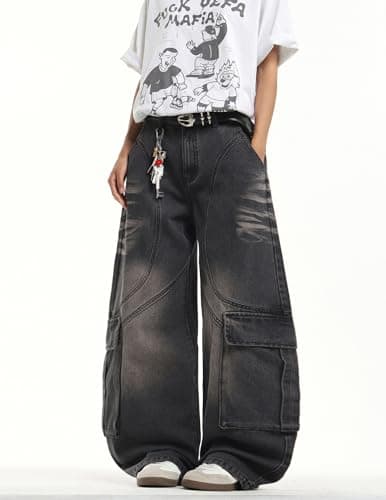 Men's Y2k Hip Hop Baggy Jeans Wide Leg Skater Pants Loose Fit Denim Pantalones Long Trousers Streetwear Rock Black - Thumbnail 3