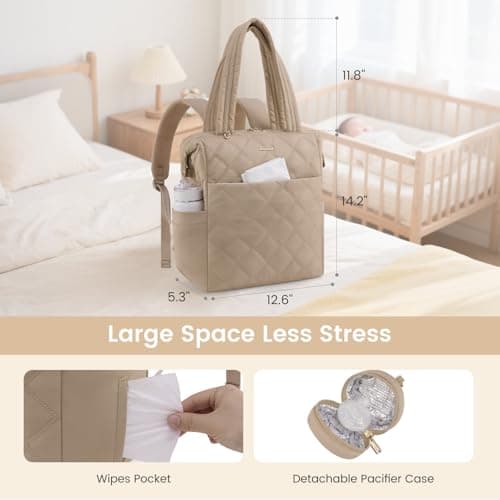 LOVEVOOK Diaper Bag Backpack,Diaper Bag Tote for Mom Dad with Changing Pad,Insulated Pockets, Convertible Lightweight Baby Backpack with Pacifier Case（Khaki） - Thumbnail 6