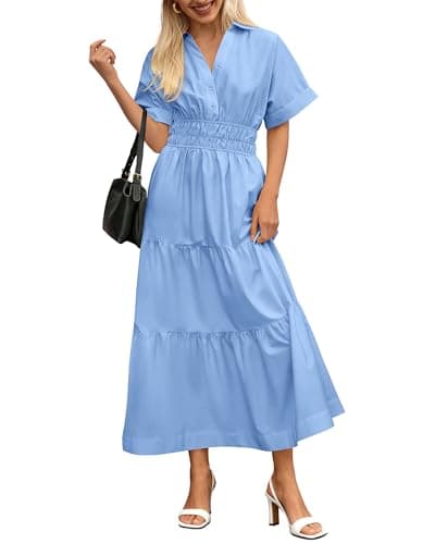 BTFBM Wedding Guest Dresses for Women Beach Fashion Casual Short Sleeve V Neck Solid Spring Summer Boho Maxi Dress (Light Blue,Small) - Image 1